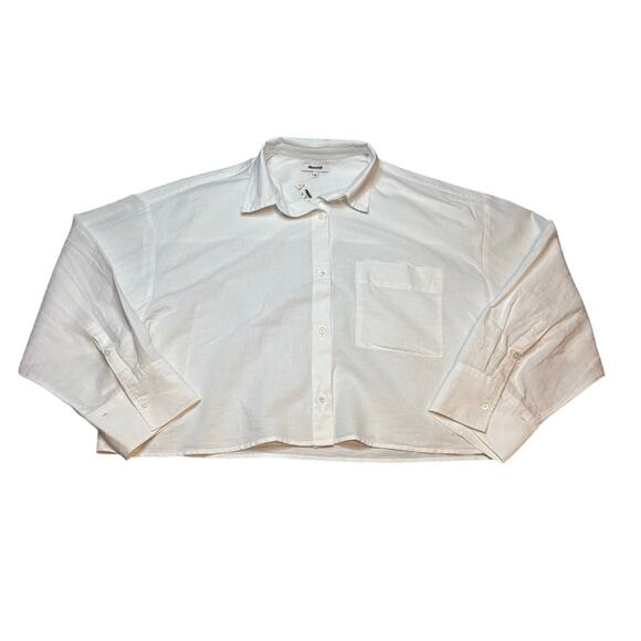 Madewell Linen Cotton Cropped Button-Up Shirt White NWT Size L - Picture 6 of 9